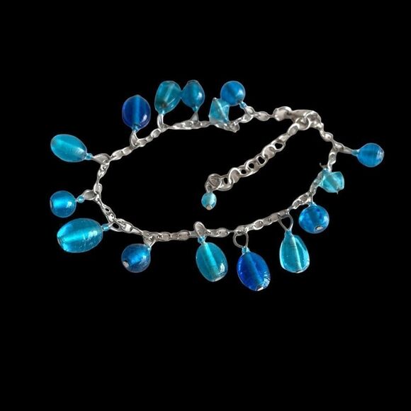 Vintage blue pear shaped glass beaded silver chain bracelet 9.75" adjustable - Picture 1 of 10
